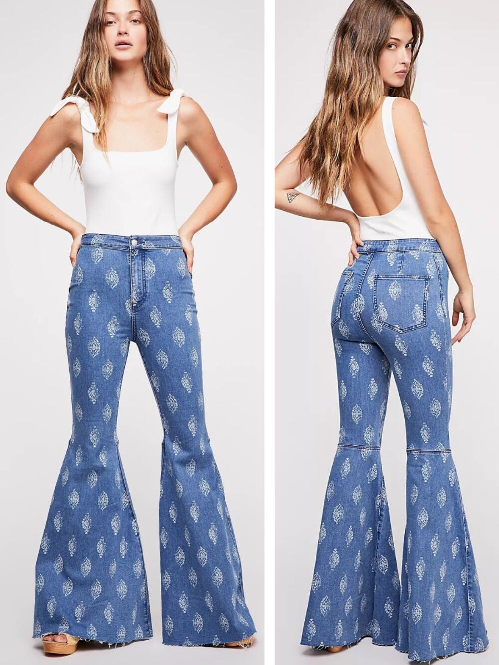 FREE PEOPLE We The Free Just Float On Flare Jeans Size 28 Printed Medium Indigo